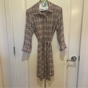 Button-Front Shirt Dress with Tie Waist in tan  and black print